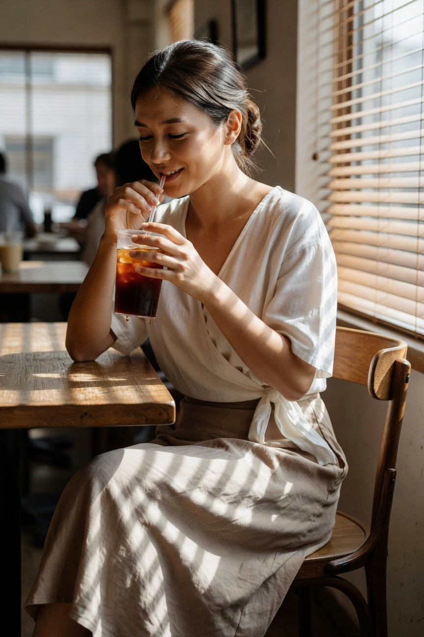 A woman in a white blouse and beige skirt sips iced coffee in a café.
