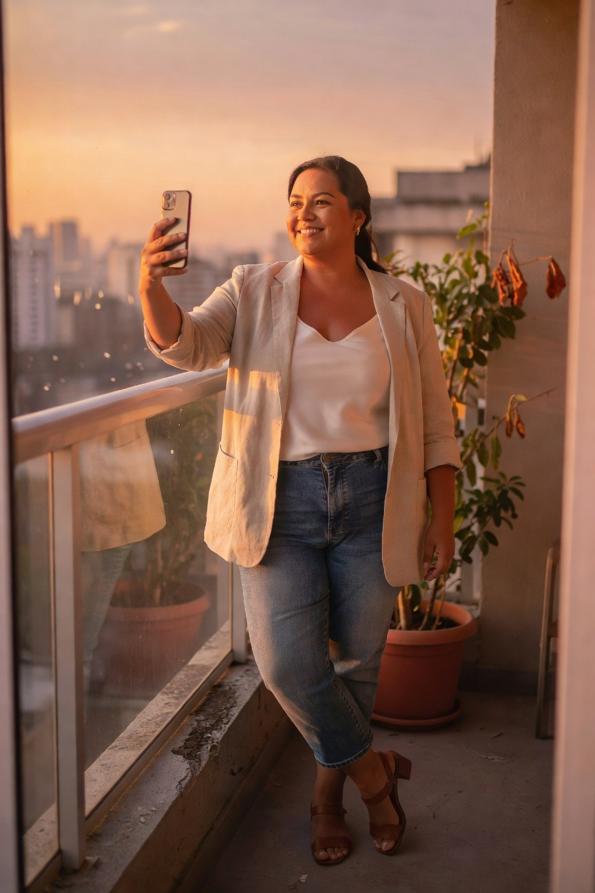 Plus-size woman in beige linen blazer over white camisole, high-waisted cropped blue jeans, and tan strappy heeled sandals, taking a selfie on a balcony with city view at dusk