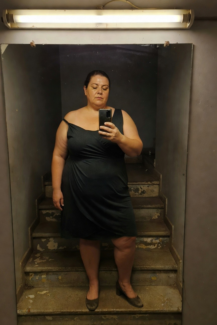 Plus-size woman in a black one-shoulder knee-length dress with wrap detailing, posing for a selfie on concrete stairs in front of a mirror, wearing brown suede block-heel pumps