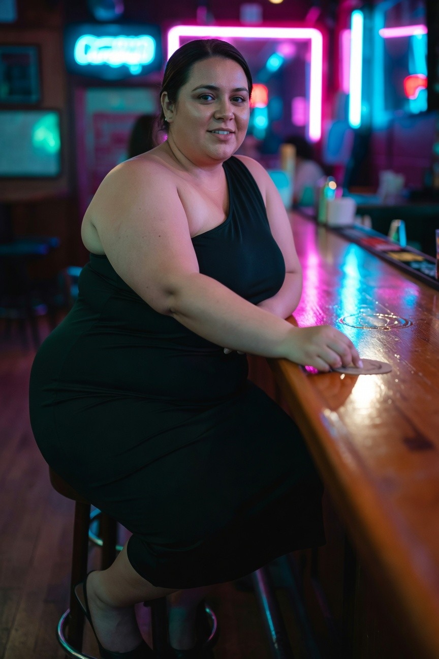 Plus-size woman sitting at a neon-lit bar in a sleek black one-shoulder midi dress and black strappy high heels, arms crossed on the wooden bar top, smiling confidently.