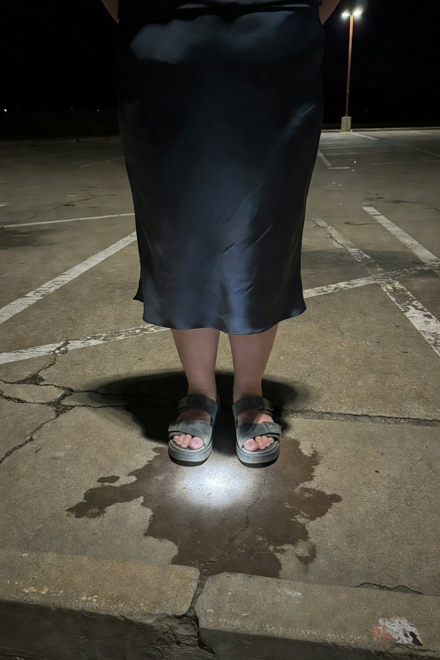 Plus-size woman standing in black satin midi slip skirt with hands in pockets, wearing gray buckled sandals, nighttime parking lot setting