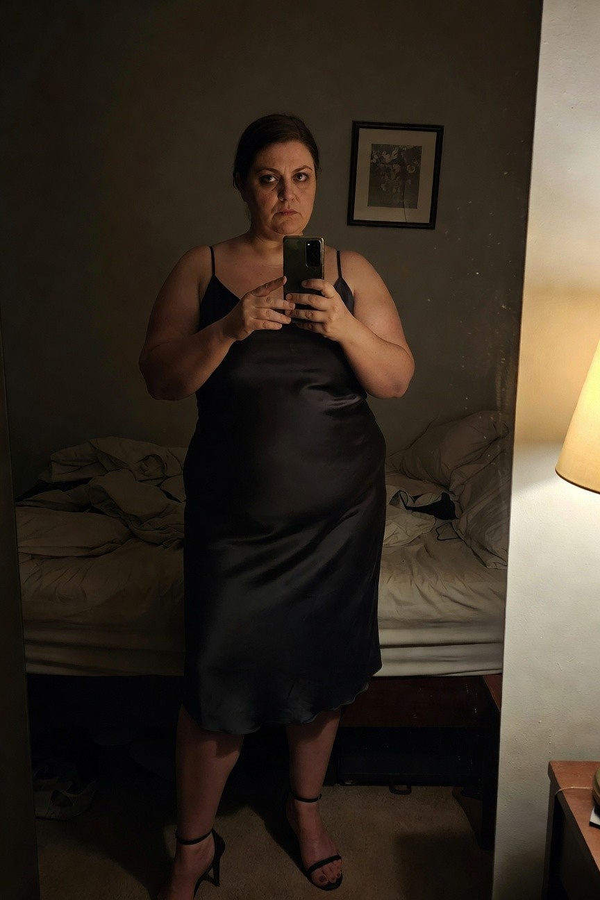 Plus-size woman in a long black satin spaghetti-strap slip dress and black strappy high heels, full-body mirror selfie showing elegant night-out styling.