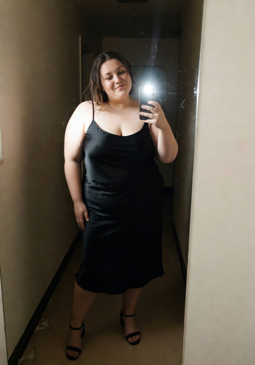Plus-size woman in a black satin spaghetti-strap slip dress with one strap off-shoulder, mid-thigh length, paired with black strappy block heels, posing in front of a mirror selfie-style.