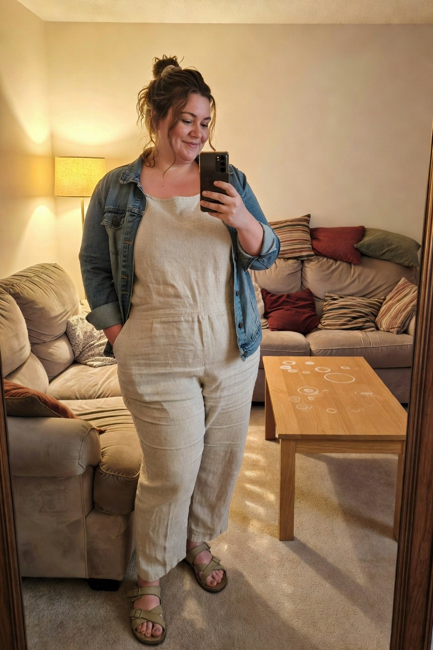 Plus-size woman smiling in selfie wearing beige linen sleeveless jumpsuit with hands in pockets, light blue denim jacket layered over top, tan strappy sandals, standing in front of mirror