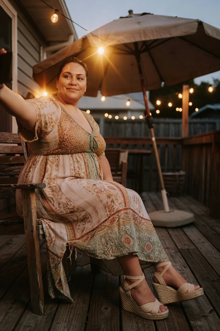 Plus-size woman seated in a flowy beige maxi dress with multicolored paisley print, loose sleeves, and tan espadrille wedge sandals with ankle straps