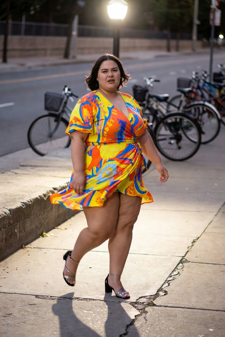 Plus-size woman walking in a vibrant multicolored printed wrap mini dress with short sleeves and strappy black high-heeled sandals, fabric flowing around thighs