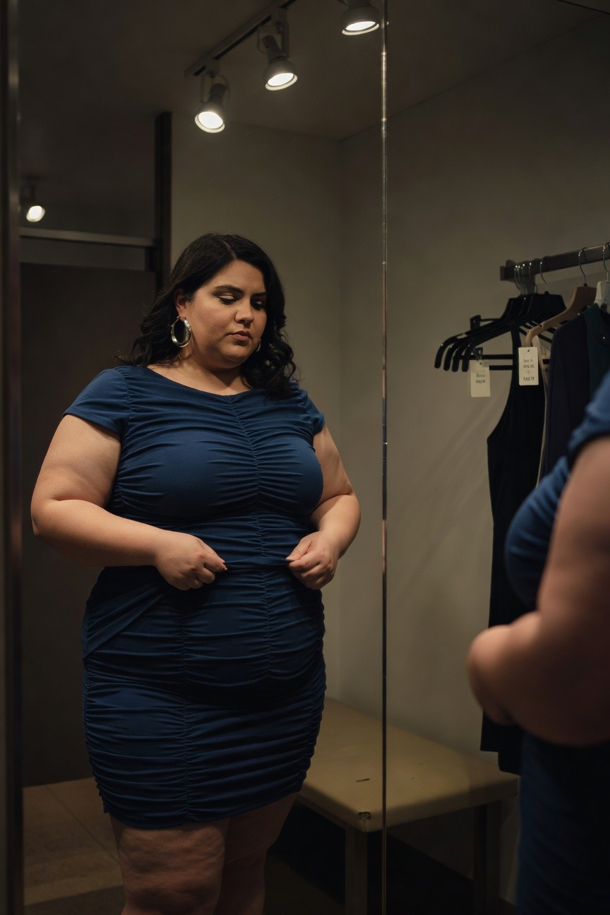 Plus-size woman with dark wavy hair and hoop earrings stands in a fitting room mirror wearing a short-sleeved navy ruched mini dress that gathers at bust and waist, hands adjusting the fit, clothes hanging nearby