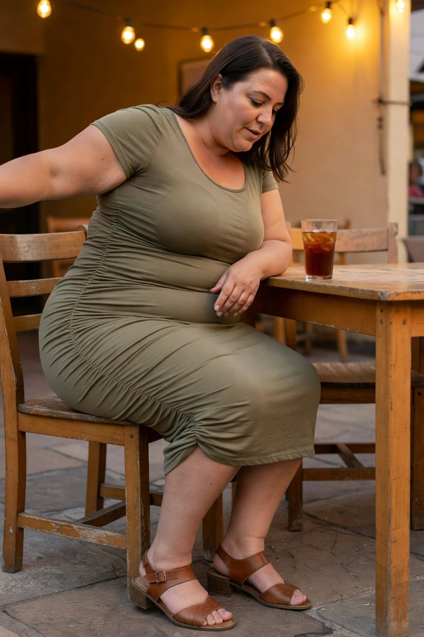 Plus-size woman in olive green ruched short-sleeve midi dress sitting at wooden patio table with iced tea glass, wearing tan strappy wedge sandals, warm evening string lights in background
