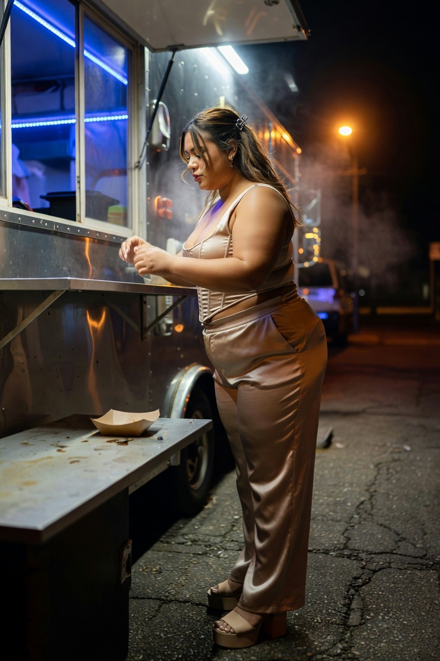 Plus-size woman with long dark hair in a gold satin corset top and wide-leg pants, platform heels, leaning over a food truck counter at night with blue-lit windows and steam in the background