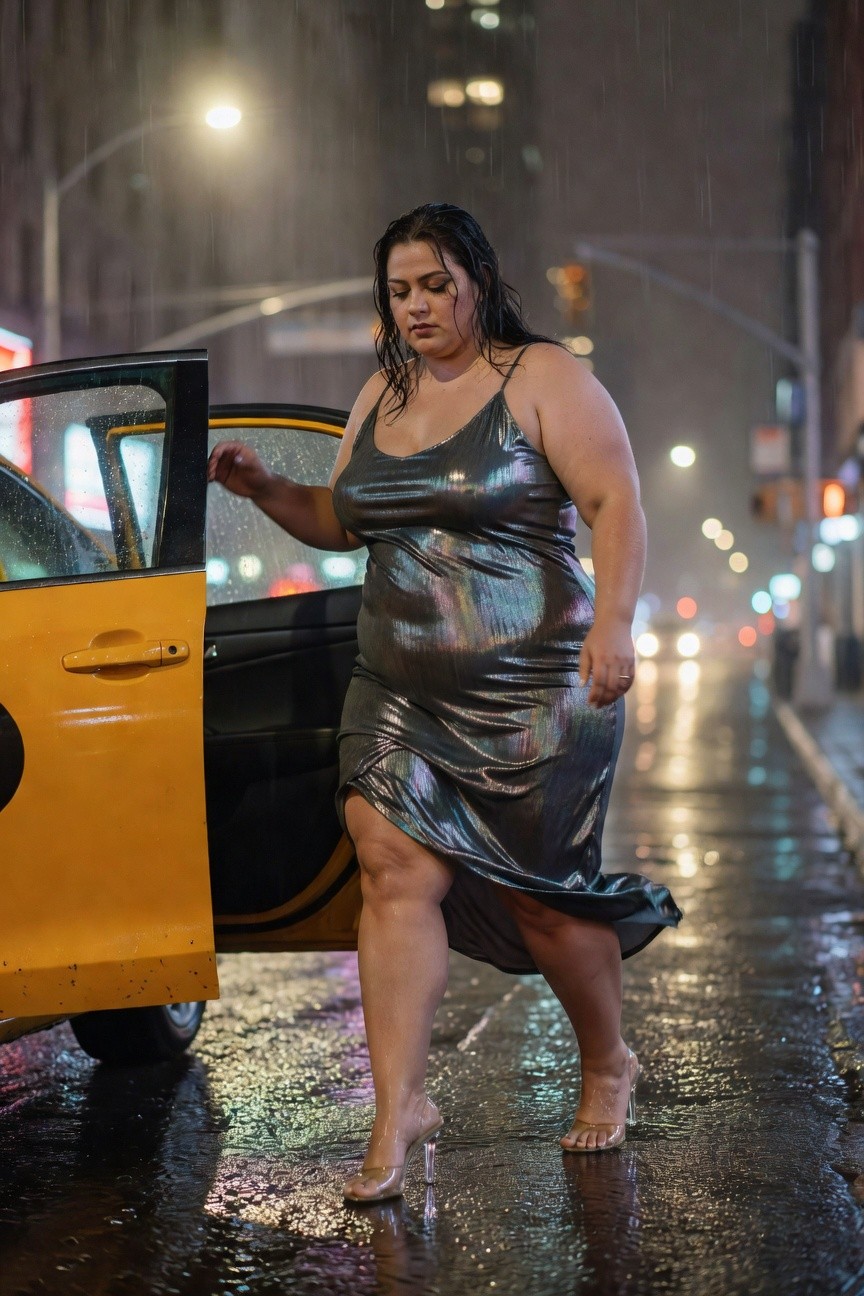 Plus-size woman in a shiny silver lamé spaghetti-strap slip dress with side slit, paired with clear stiletto heels, standing by a yellow taxi door at night