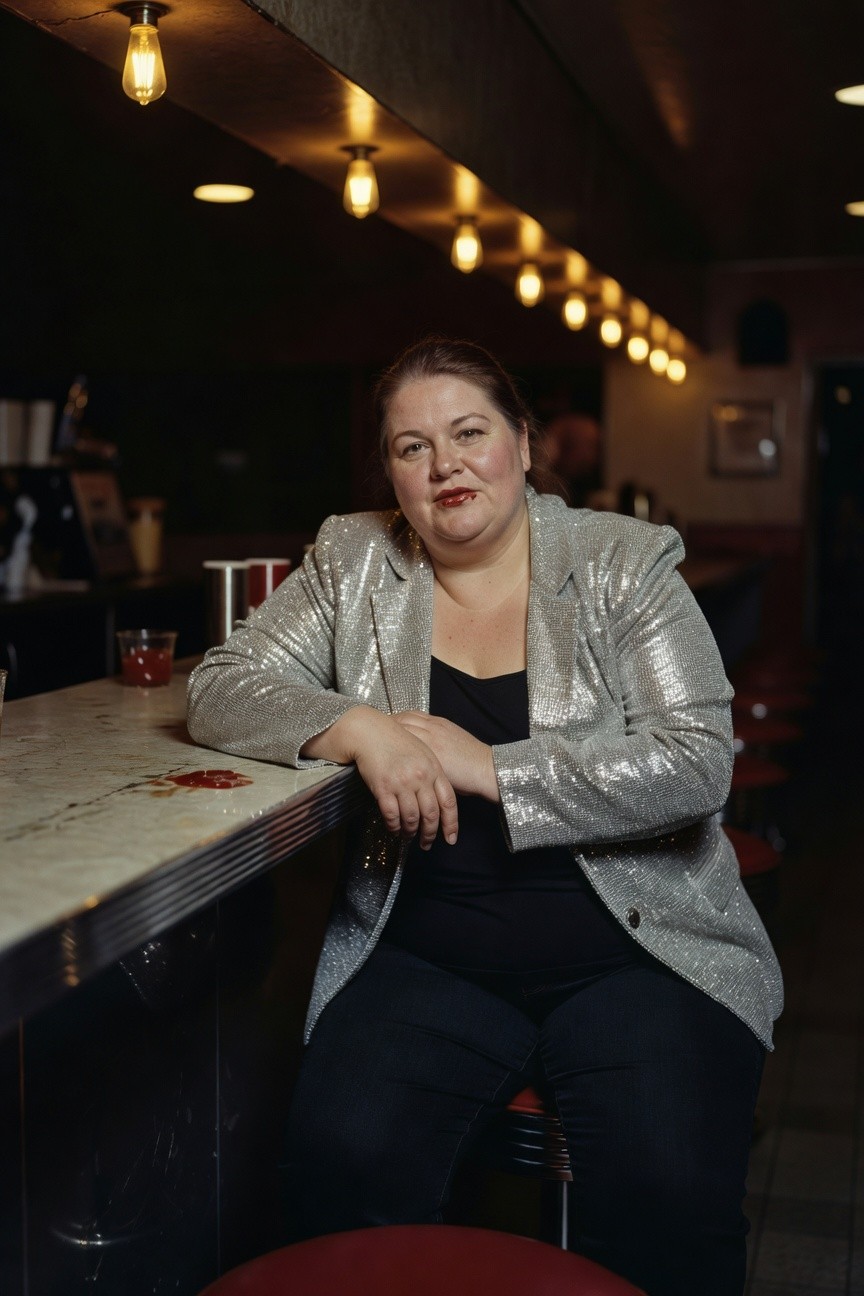 Plus-size woman in a shimmering silver sequin blazer over black tank top and black pants, leaning on a bar counter with drinks nearby, warm bar lighting highlighting the outfit's sparkle.