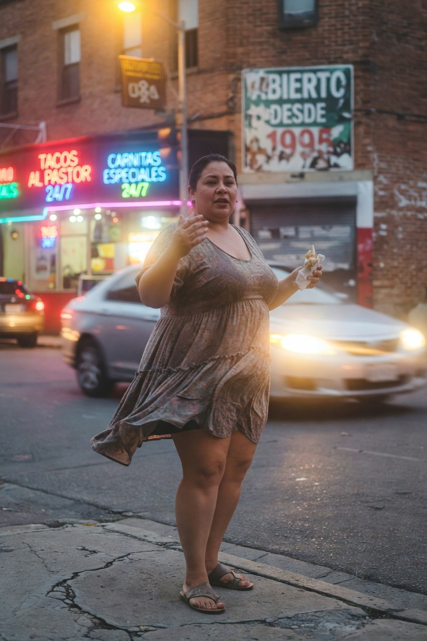 Plus-size woman in a flowy taupe tiered midi dress with V-neck and pattern print, holding a snack in one hand, wearing flat tan sandals, standing on urban sidewalk at night with blurred street lights and cars behind