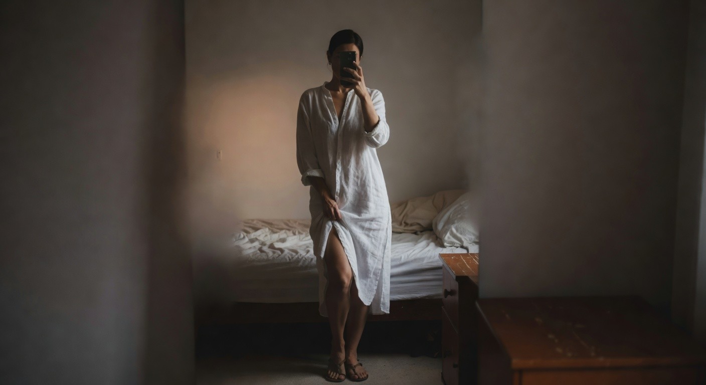 Woman taking a mirror selfie in a short white linen button-front shirt dress with long sleeves and collar, nude strap sandals, standing in bedroom lifting hem slightly on one side