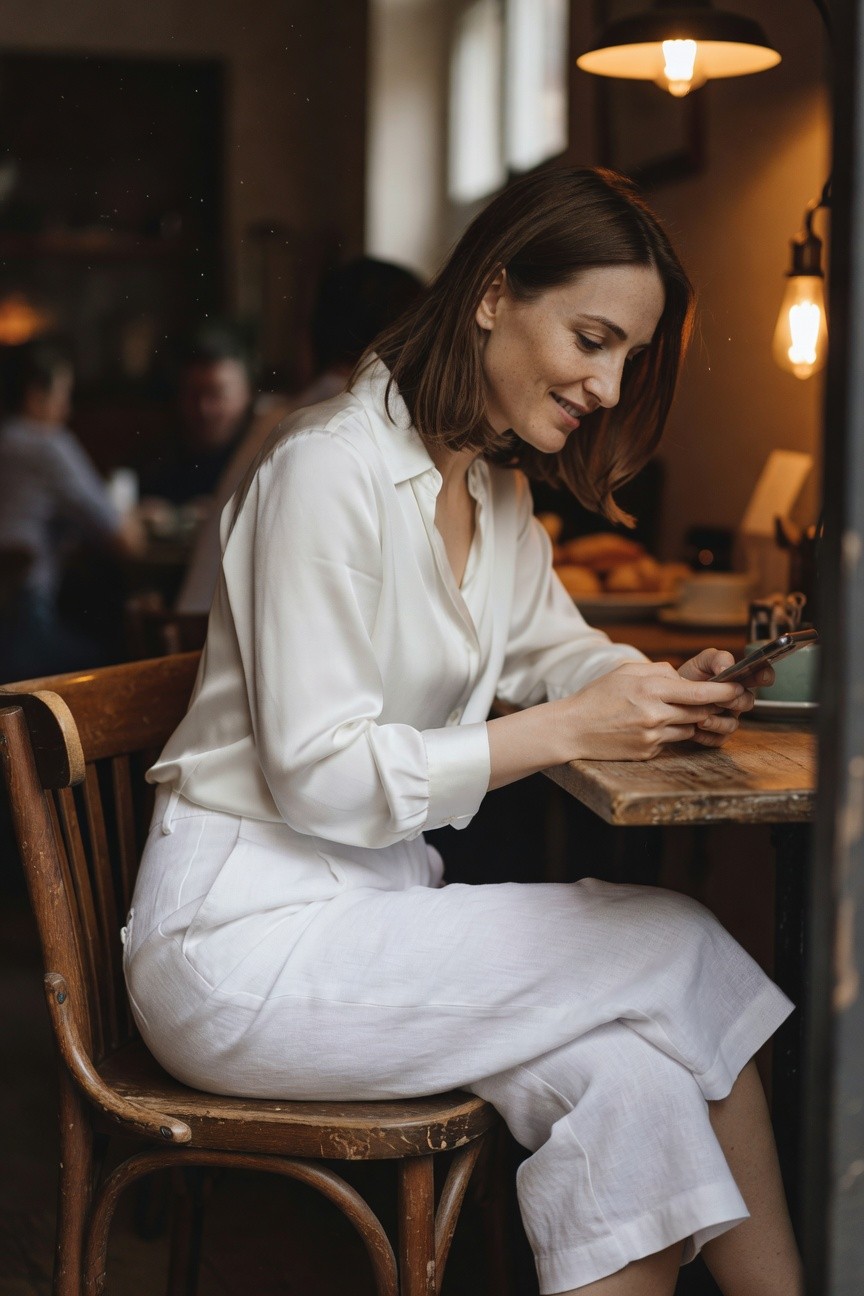 Woman sitting at a wooden table in a white silk blouse with open collar and cuffed long sleeves, paired with white wide-leg linen cropped pants, holding a phone, warm indoor lighting