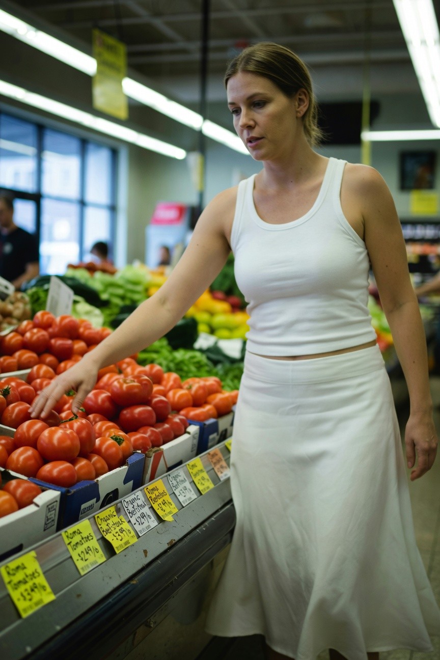 Woman in fitted white tank top and flowy white midi skirt reaching for tomatoes at a grocery produce stand