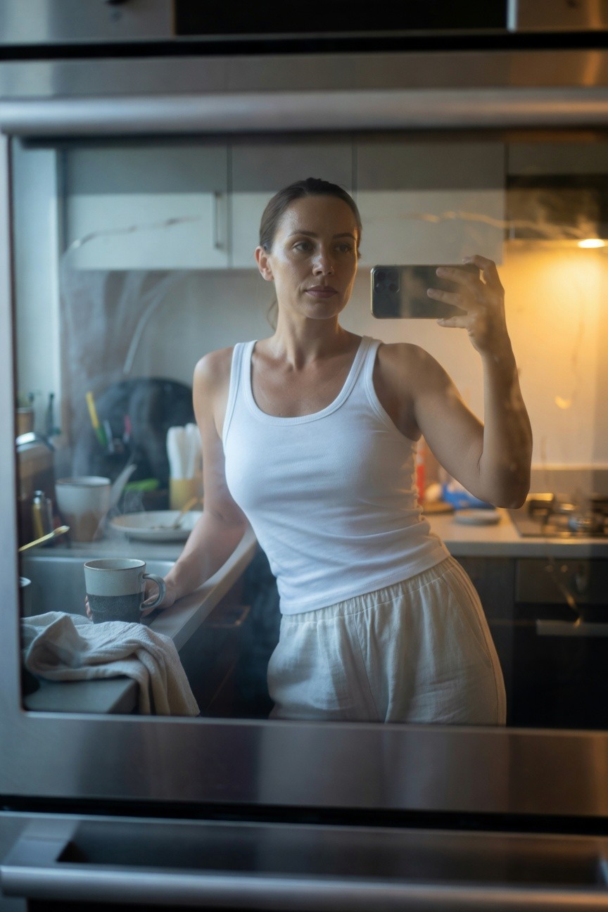 Woman taking a selfie in a modern kitchen, wearing a fitted white tank top and loose white linen pants, holding a ceramic mug of coffee over the sink with a dish towel nearby