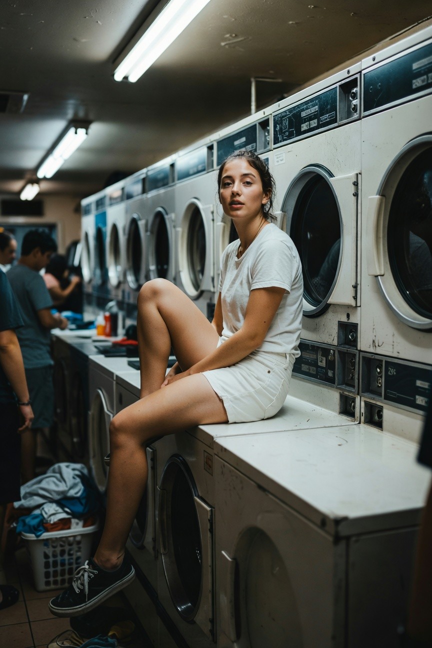 Woman perched on a washing machine wearing a fitted white short-sleeve t-shirt tucked into tiny white denim short shorts with black high-top sneakers and a delicate necklace