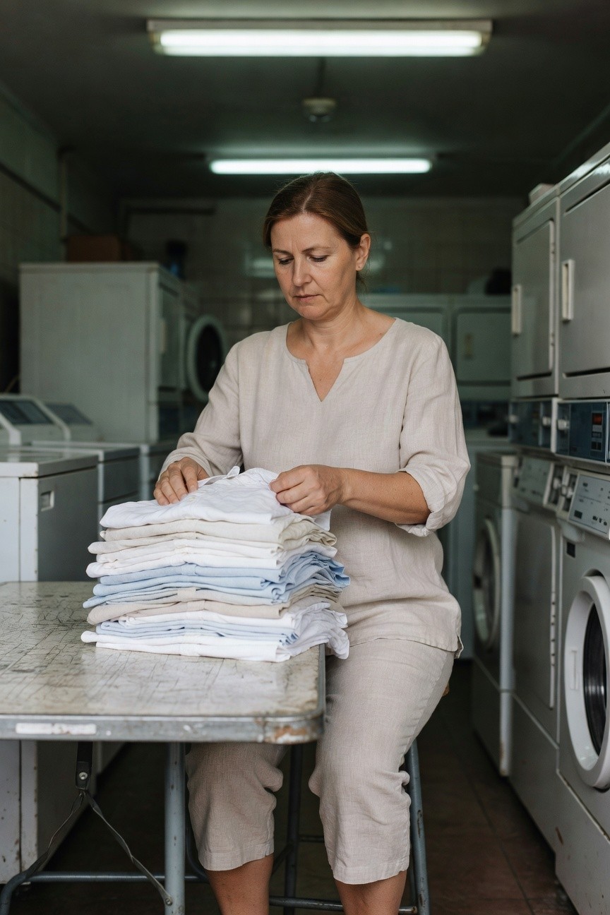 Woman in her 40s with brown hair wearing a beige linen V-neck top with three-quarter sleeves and matching cropped pants, seated at a table folding a stack of white and light blue shirts in a laundromat surrounded by washing machines.