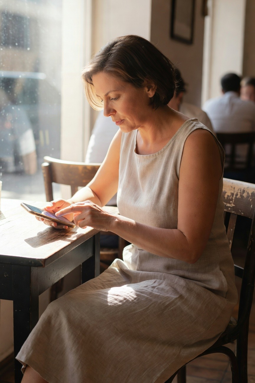 Woman in her 50s with short brown hair wearing a sleeveless beige linen midi dress, sitting at a wooden table and using her phone, natural indoor light