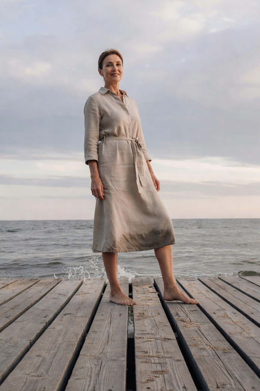 [Mature woman in a beige linen belted shirt dress with long sleeves and collar, standing barefoot on a wooden pier by the water, smiling thoughtfully at sunset light