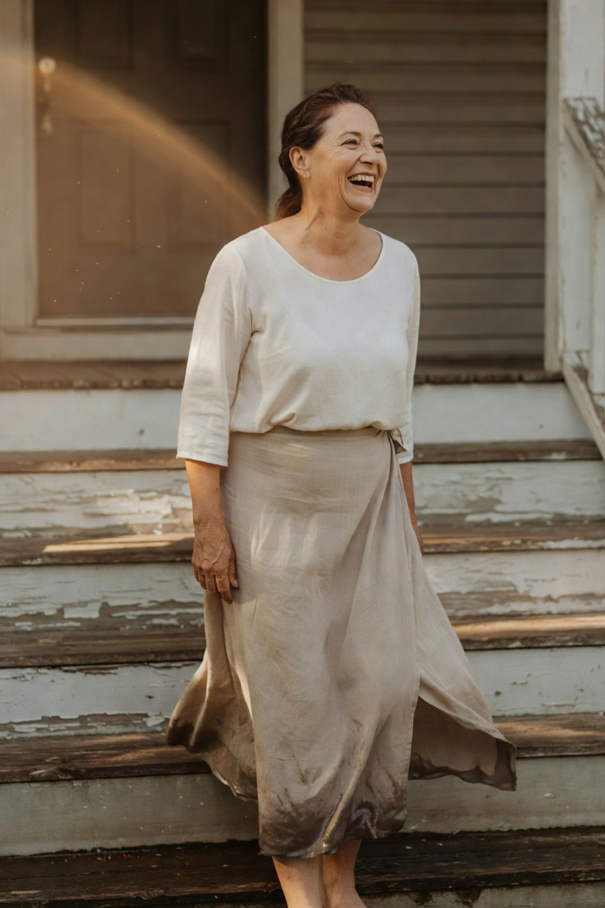 Older woman with smiling expression standing barefoot on weathered wooden porch steps, wearing a loose white linen boatneck top with three-quarter sleeves and a long beige linen wrap skirt tied at the waist, skirt draping fluidly to her ankles with subtle gradient shading at the hem