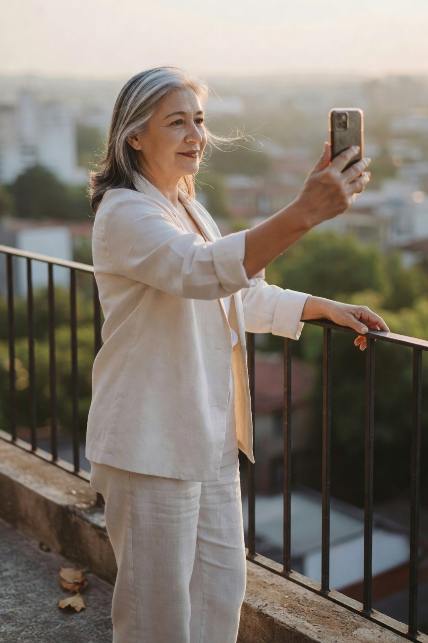 Silver-haired woman in open white linen blazer and matching pants taking a selfie while holding a black metal balcony railing with cityscape in background