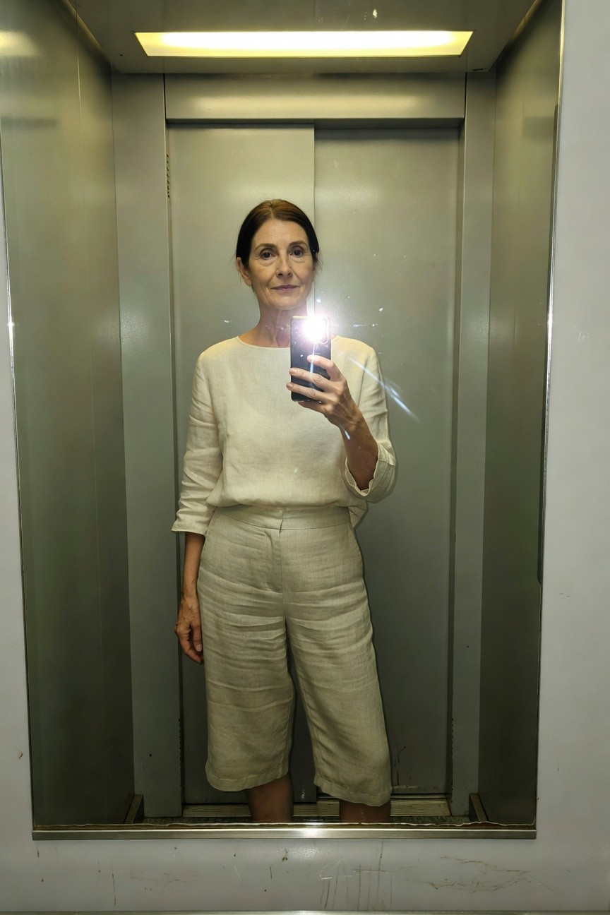 Woman in her 50s taking a mirror selfie in an elevator, wearing an off-white linen boatneck blouse with three-quarter sleeves and matching wide-leg cropped linen pants, standing confidently with phone in hand