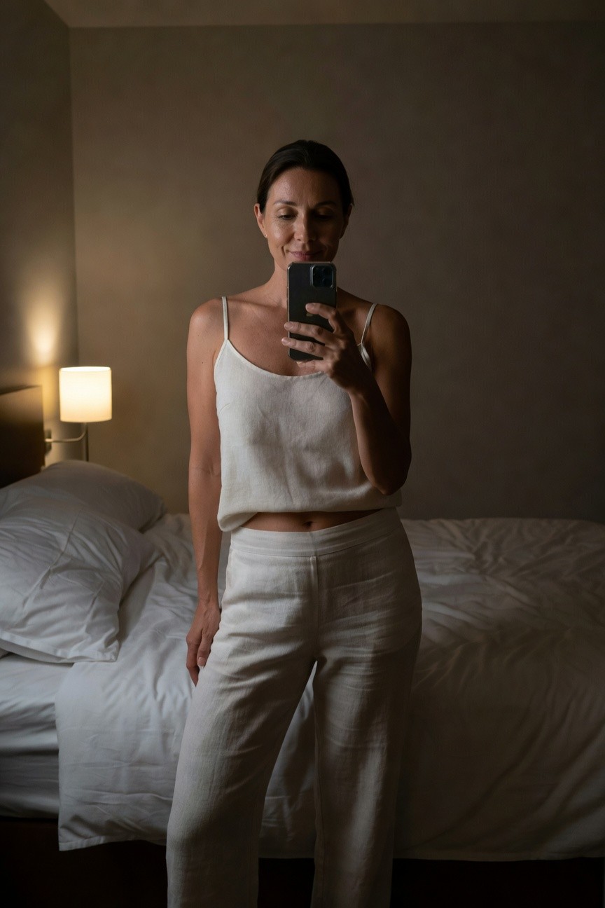 Woman taking a mirror selfie in a bedroom, wearing a cropped white linen camisole top with thin straps and high-waisted white linen wide-leg pants, soft lamp light illuminating the outfit