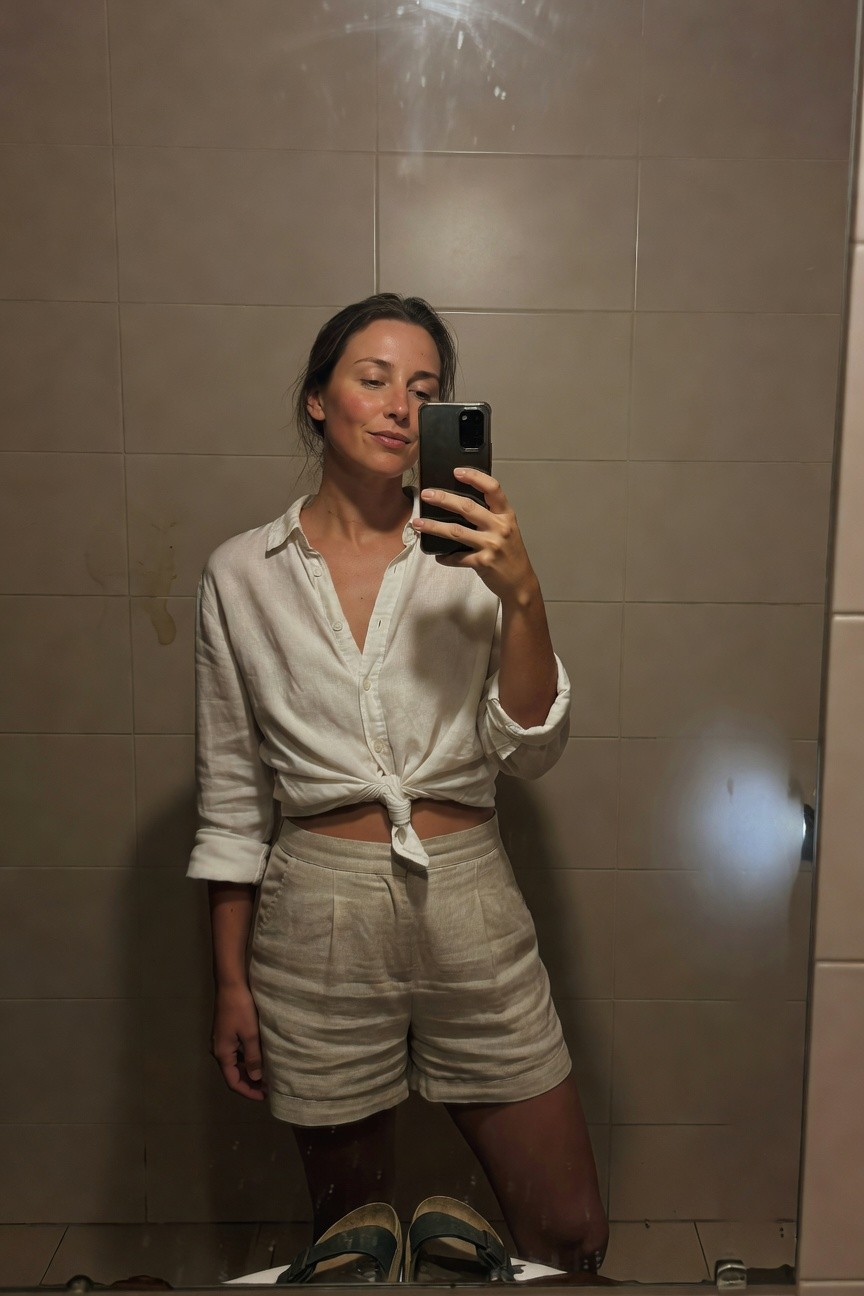 Woman taking bathroom mirror selfie in white long-sleeve linen button-down shirt knotted at waist over high-waisted pleated beige linen shorts and green strap sandals, subtle smile, warm indoor lighting on tiled walls