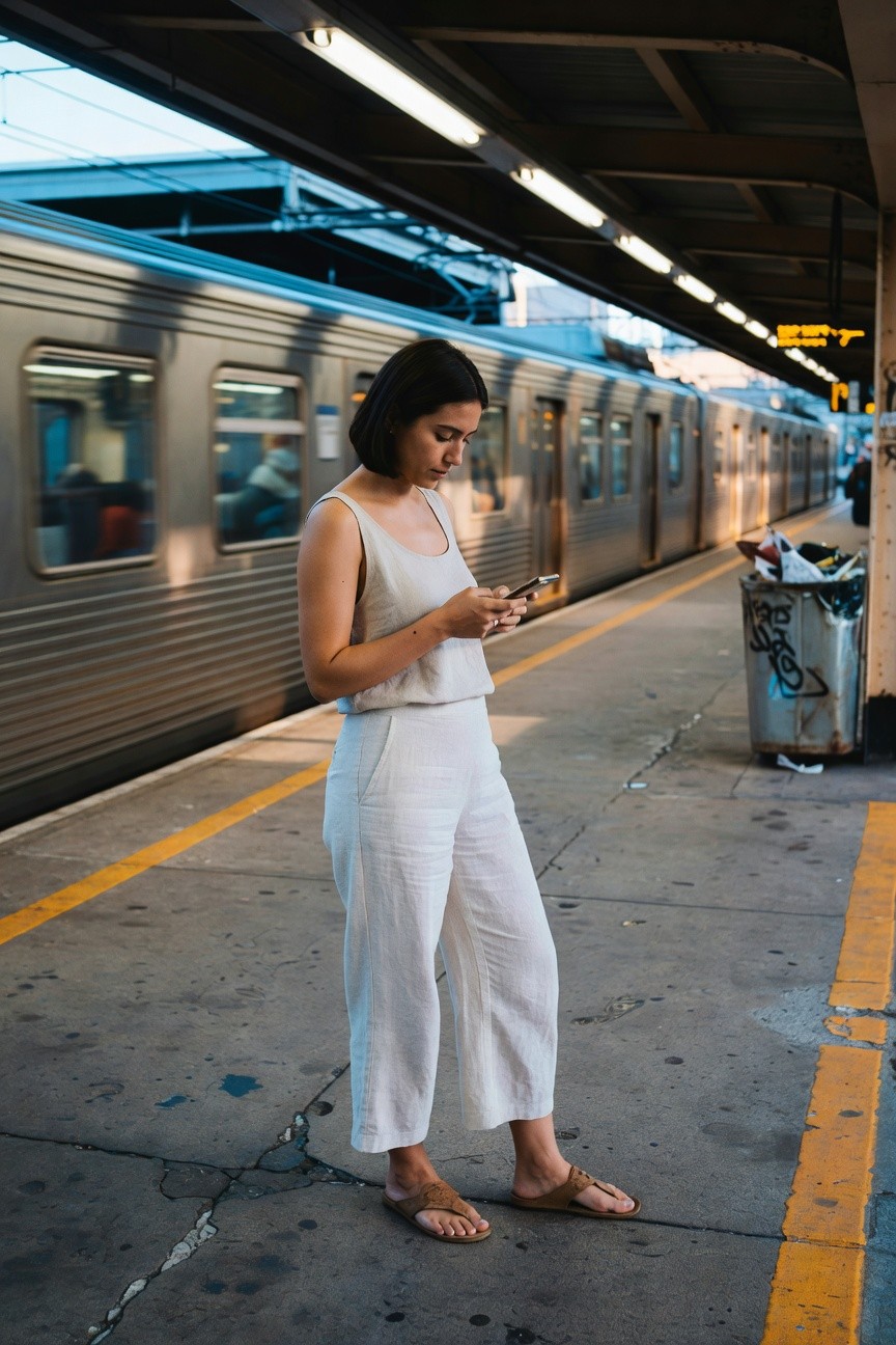 Woman in white sleeveless linen tank top and matching wide-leg linen pants standing on a platform, wearing tan flat sandals and holding a phone