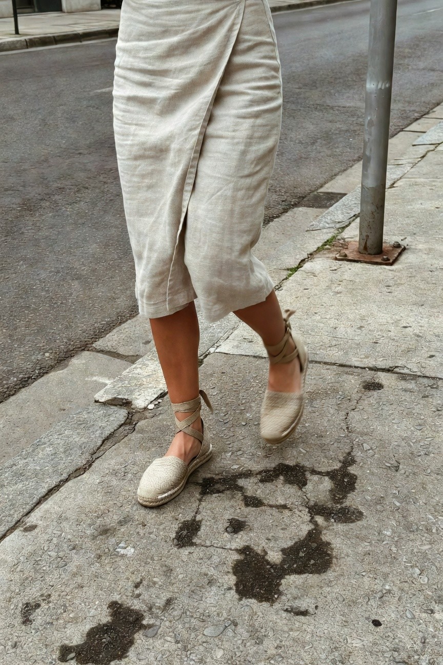 Woman walking down a stone-paved urban street in a beige linen wrap midi skirt and tan espadrille wedge sandals with ankle straps, focusing on the outfit's clean lines and breathable fabric.