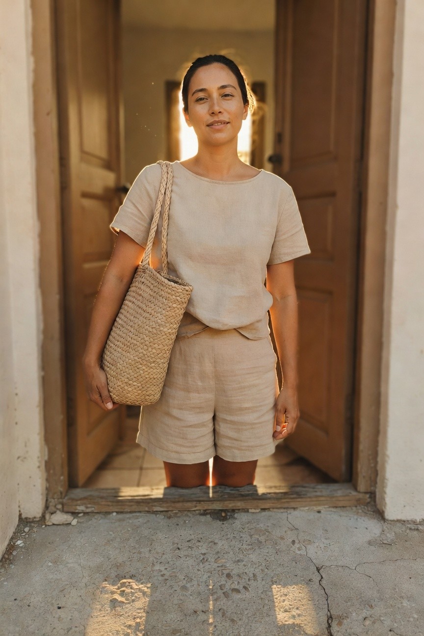 Woman in a beige linen short-sleeved boatneck top and matching mid-thigh linen shorts, holding a woven straw tote bag, standing in a doorway