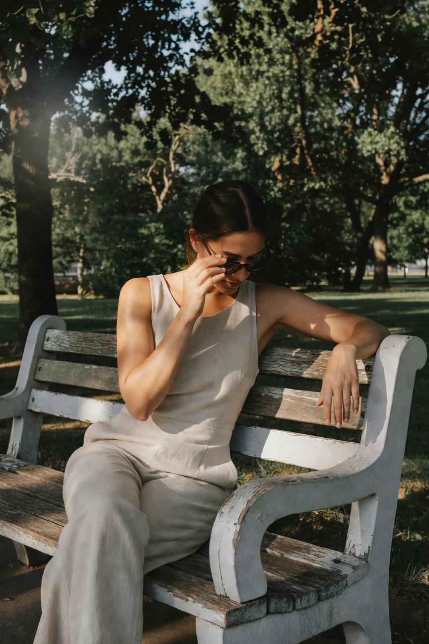 Woman sitting on a bench in a beige sleeveless linen jumpsuit with wide legs, sunglasses on her face, one hand touching her cheek, casual summer style