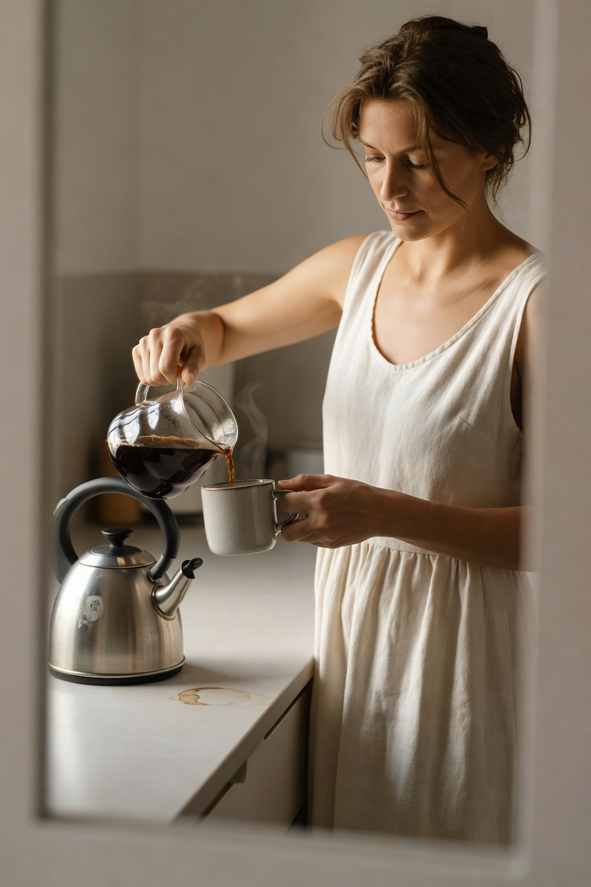Woman wearing a breezy white sleeveless linen dress with V-neck and flowy skirt, pouring coffee from glass carafe into ceramic mug on kitchen counter