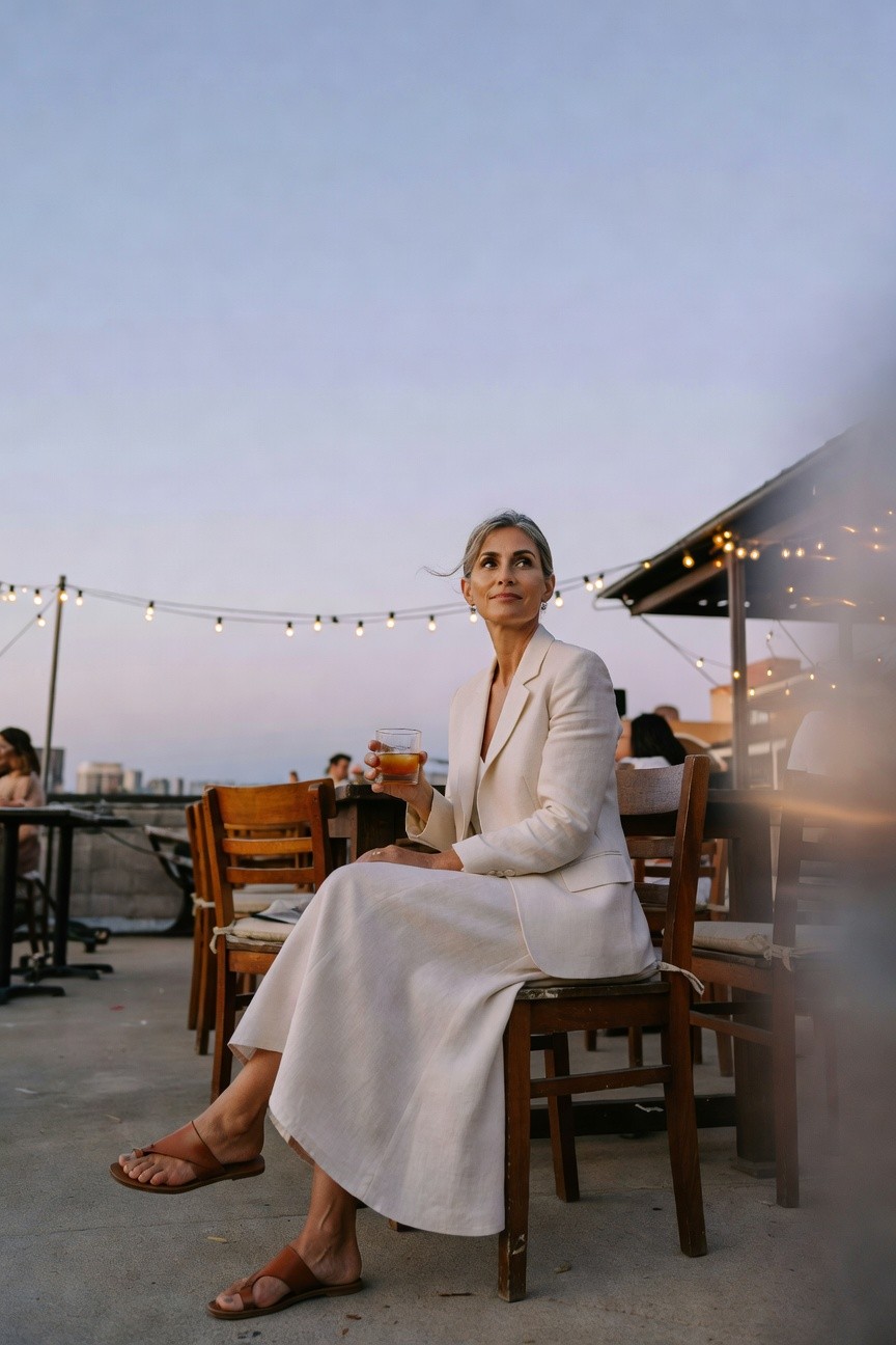 Mature woman seated outdoors in a white linen blazer and long matching skirt, holding a glass of amber drink, wearing tan leather thong sandals and silver hoop earrings