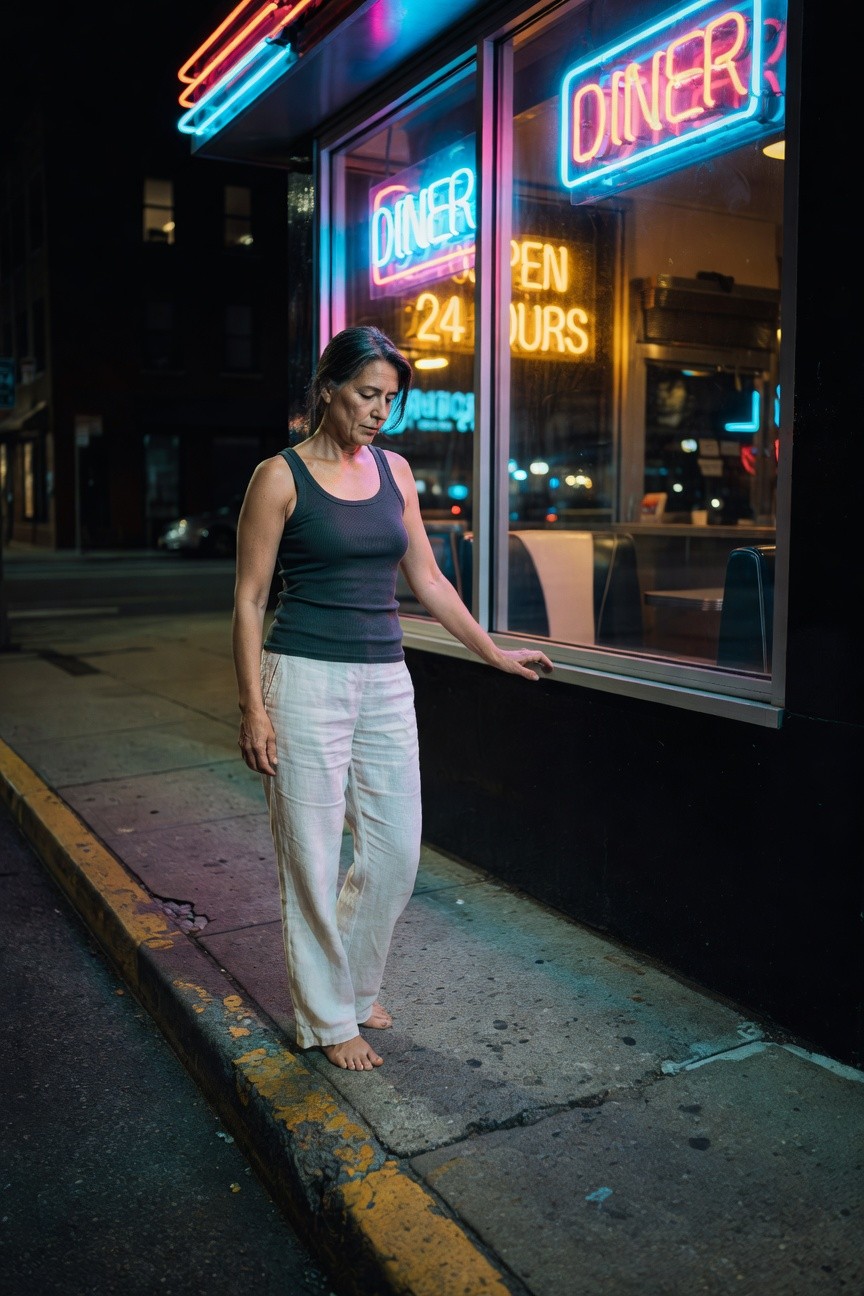 Woman standing barefoot in a dark gray sleeveless ribbed tank top and loose white wide-leg linen pants, hand touching a window at night
