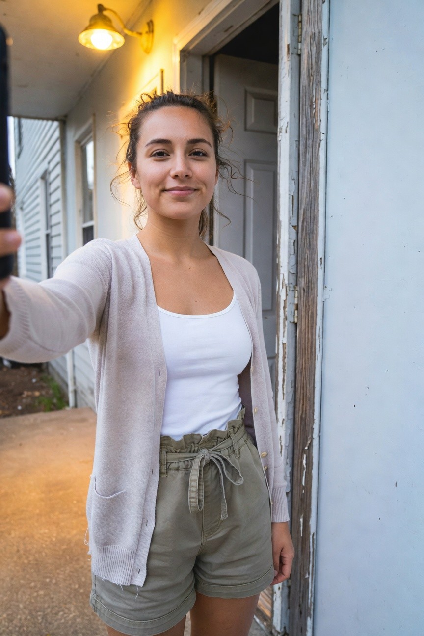 Woman taking a selfie in an open pale beige knit cardigan layered over a white tank top with thin straps, paired with high-waisted khaki drawstring shorts with ruffled waistband, smiling outside a doorway