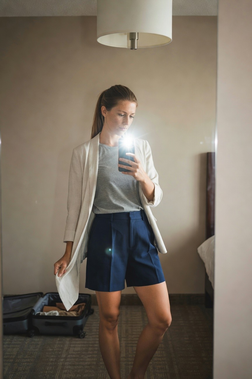 Woman in mirror selfie wearing open cream linen blazer over gray t-shirt and navy tailored mid-thigh shorts, standing in hotel room with suitcase nearby