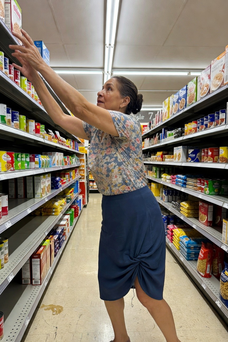 Woman in a loose short-sleeve floral print blouse and navy blue ruched wrap midi skirt reaching up for a cereal box on a high grocery store shelf, viewed from behind and side showing leg and outfit details