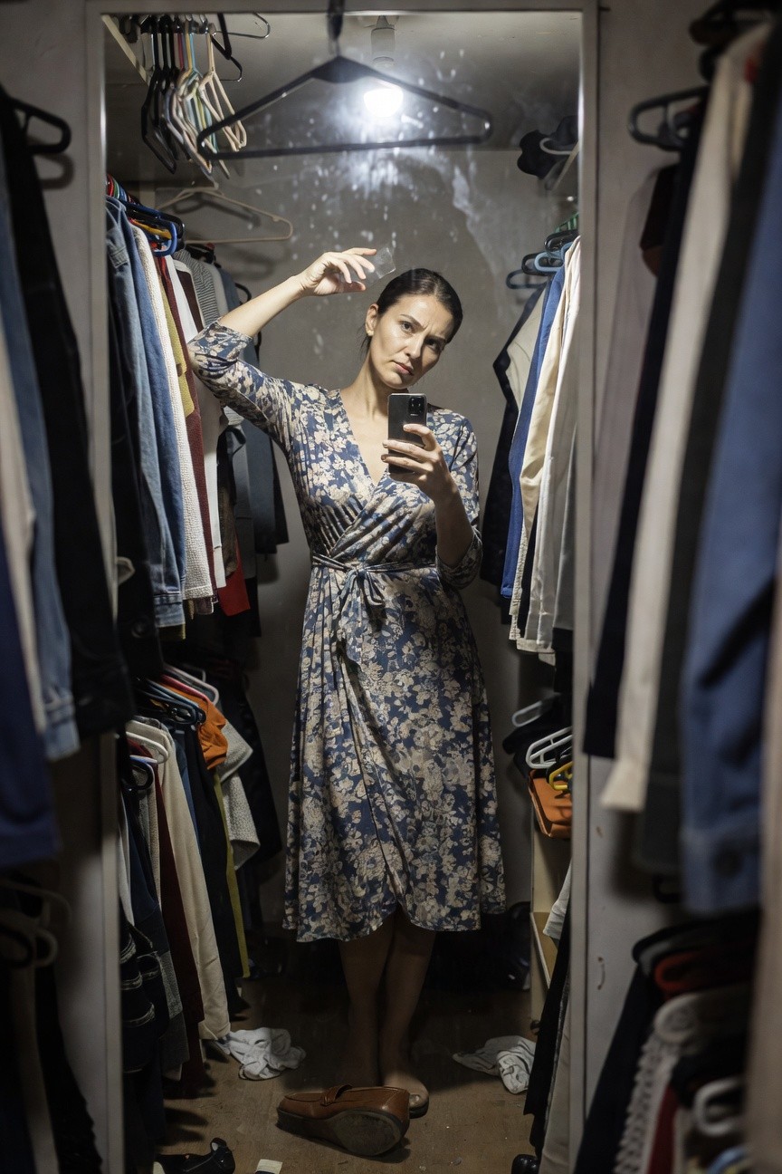 Woman in a navy blue floral print long-sleeve wrap midi dress taking a mirror selfie inside a crowded walk-in closet filled with hanging clothes and scattered shoes on the floor