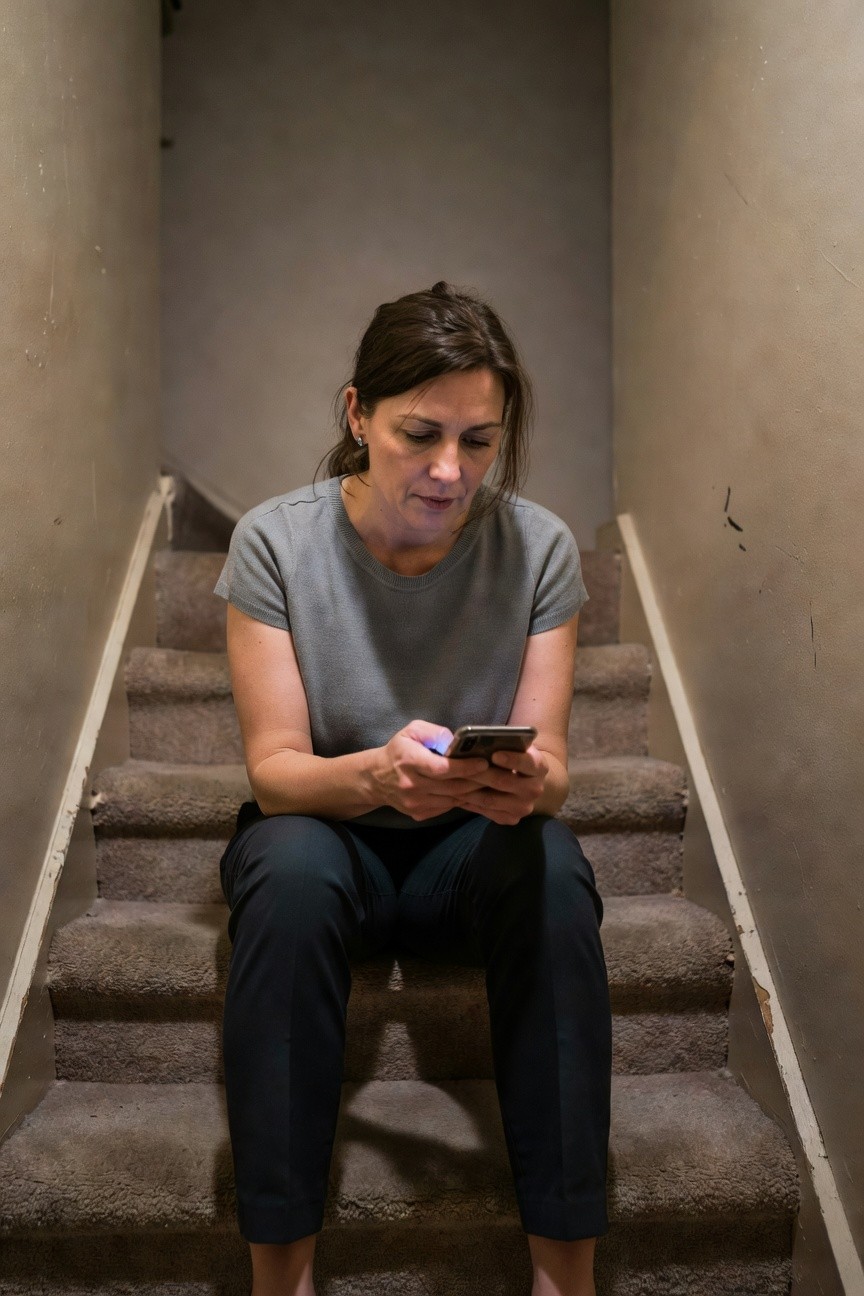 Woman in her 40s with brown hair in a ponytail sitting barefoot on carpeted stairs in a dimly lit stairwell, wearing a light gray short-sleeve knit top and dark gray tailored trousers while holding and looking at her phone