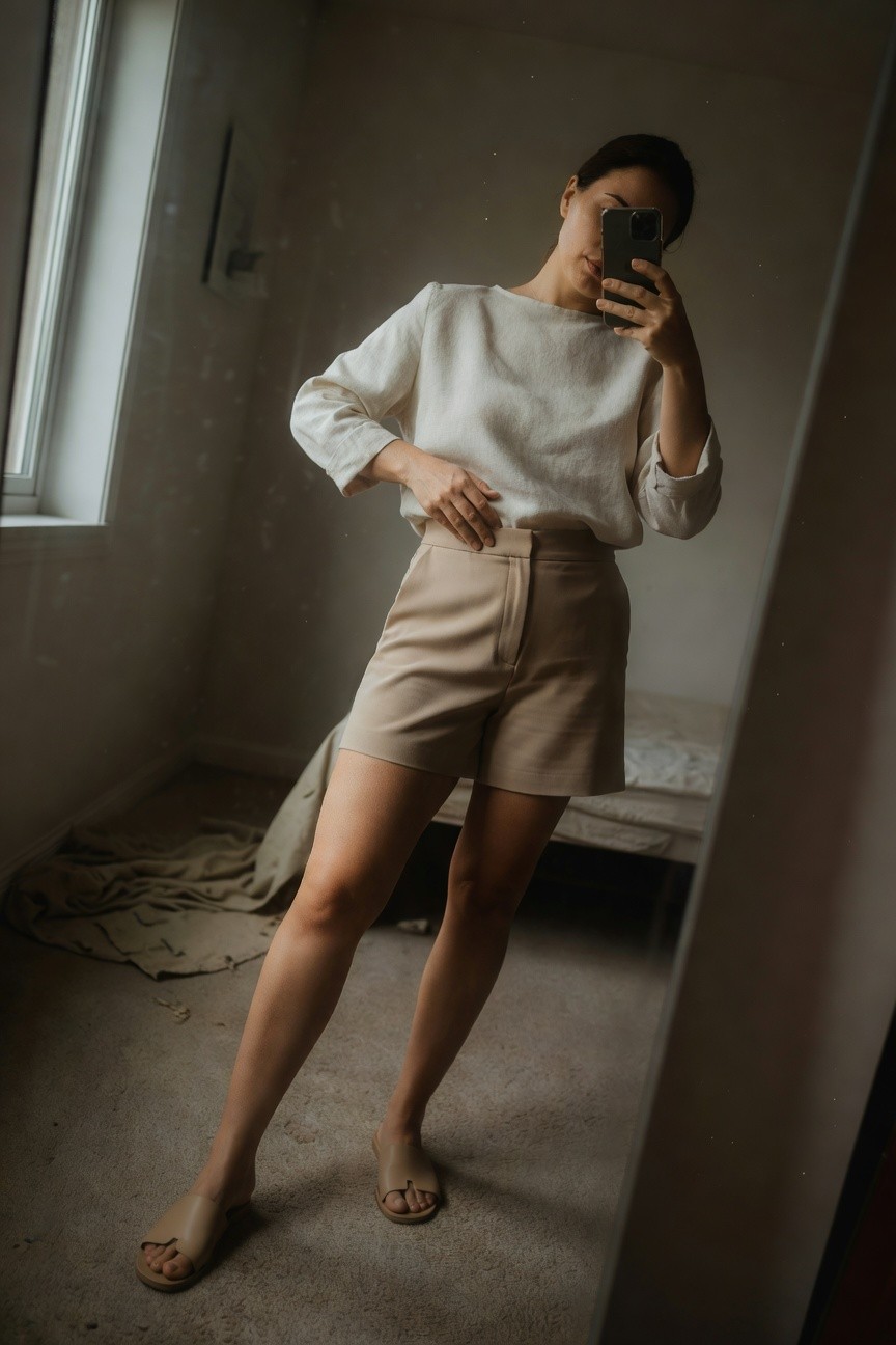 Woman taking mirror selfie in loose white long-sleeve linen blouse, high-waisted beige tailored shorts, and matching beige flat sandals, hand on hip in beige-toned bedroom