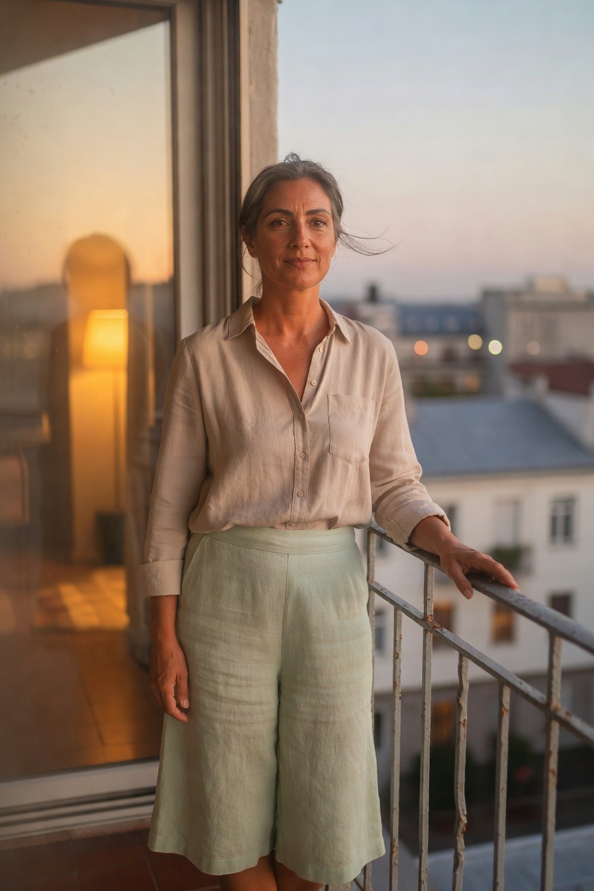 Woman in her 40s with shoulder-length graying hair wearing a beige long-sleeve linen button-down shirt tucked into high-waisted mint green wide-leg linen shorts, leaning one arm on a metal balcony railing with cityscape in soft evening light behind her