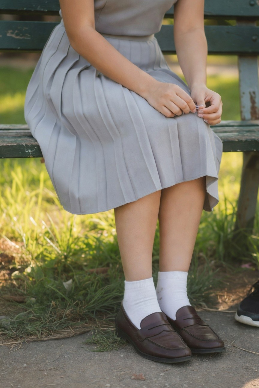 Woman seated on a bench in a gray sleeveless top, matching pleated midi skirt, white crew socks, and brown penny loafers, hands near skirt hem
