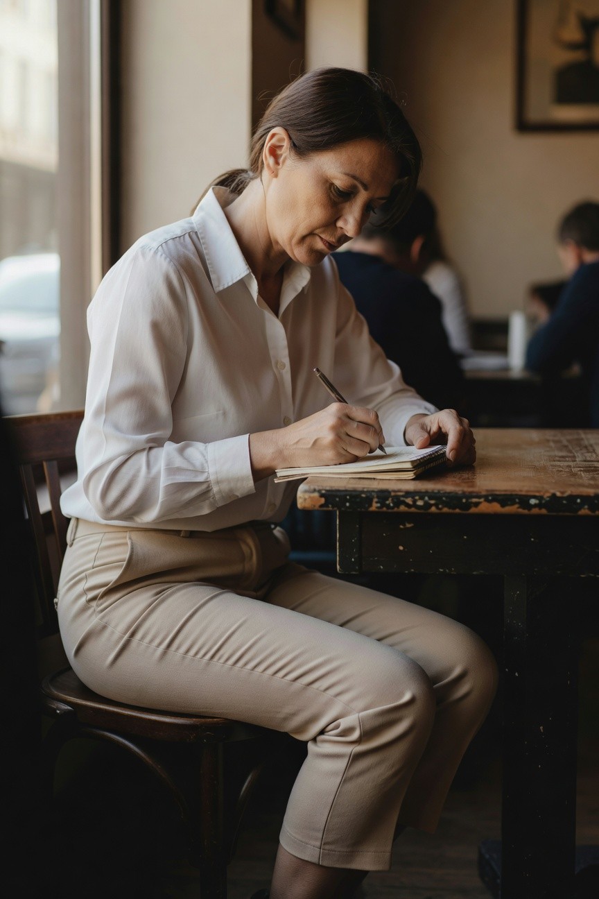 Woman in white long-sleeve button-up blouse and beige cropped tapered pants seated at a wooden table writing in a notebook with pen indoors near window