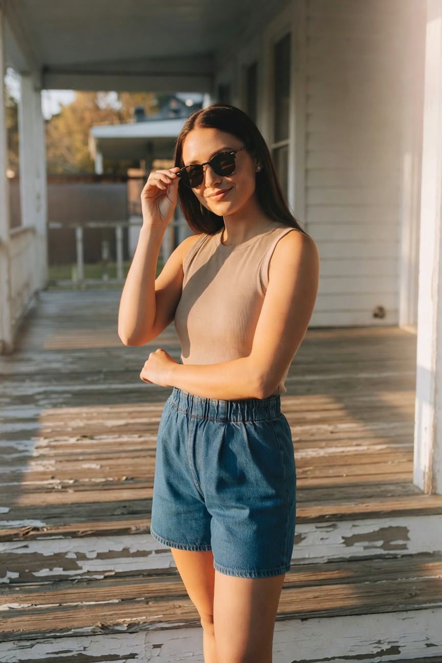 Woman in beige ribbed sleeveless tank top tucked into high-waisted pleated blue denim shorts, standing with arms crossed and adjusting sunglasses