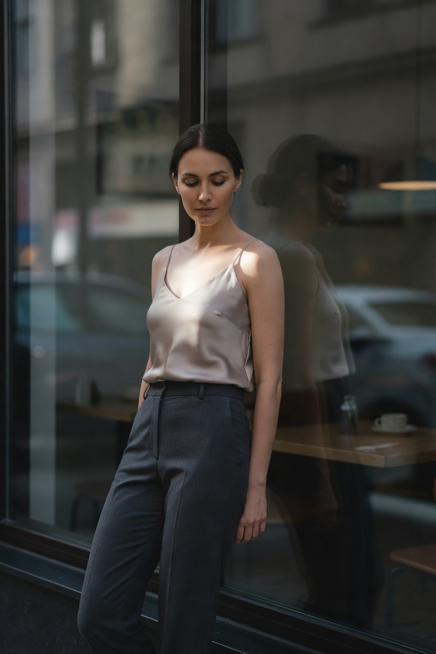 Woman standing in a beige satin spaghetti-strap camisole tucked into high-waisted straight-leg gray trousers, arms relaxed at sides, dark hair in a bun, minimalist urban backdrop through glass window