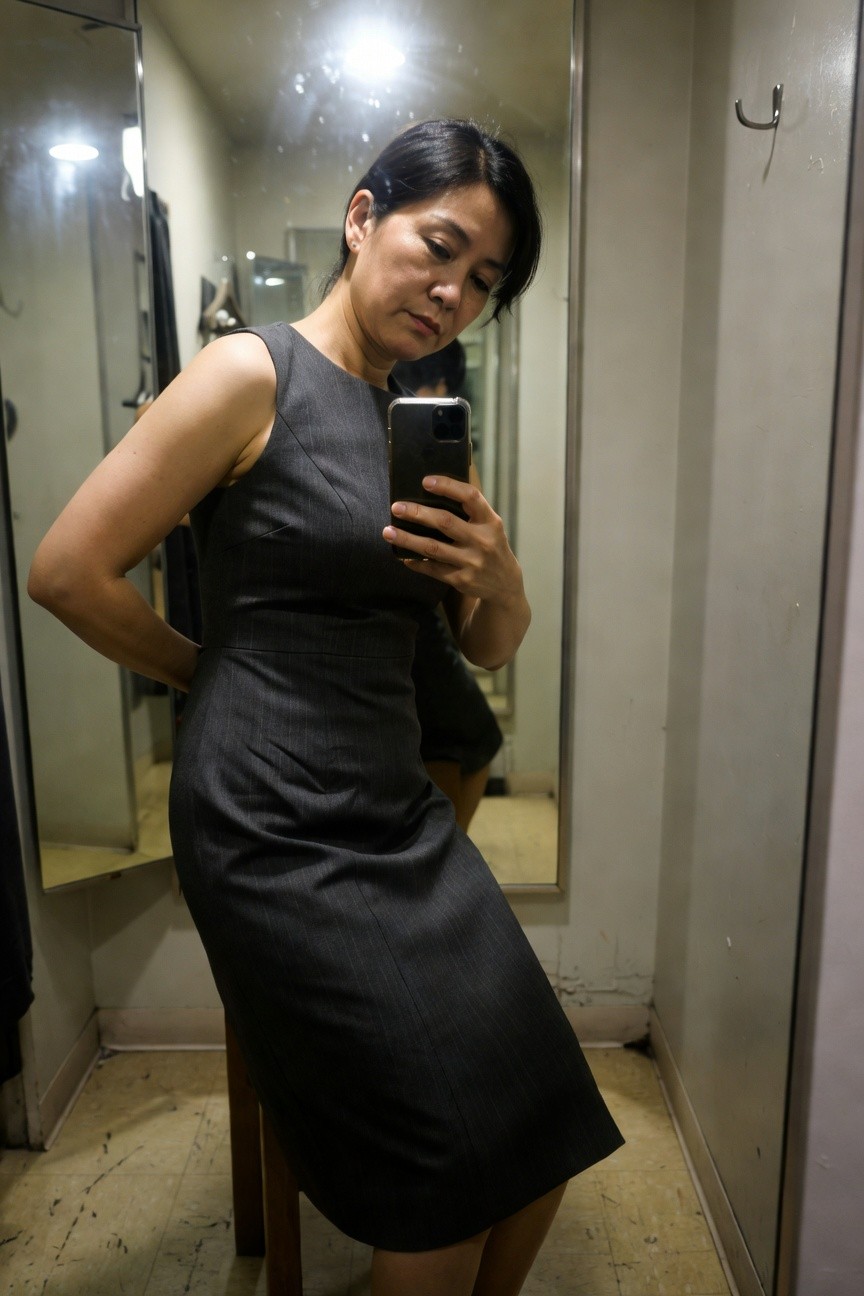 Side mirror selfie of an Asian woman in her 40s wearing a sleeveless gray pinstripe sheath dress in a brightly lit fitting room, one hand on hip and the other holding up her phone