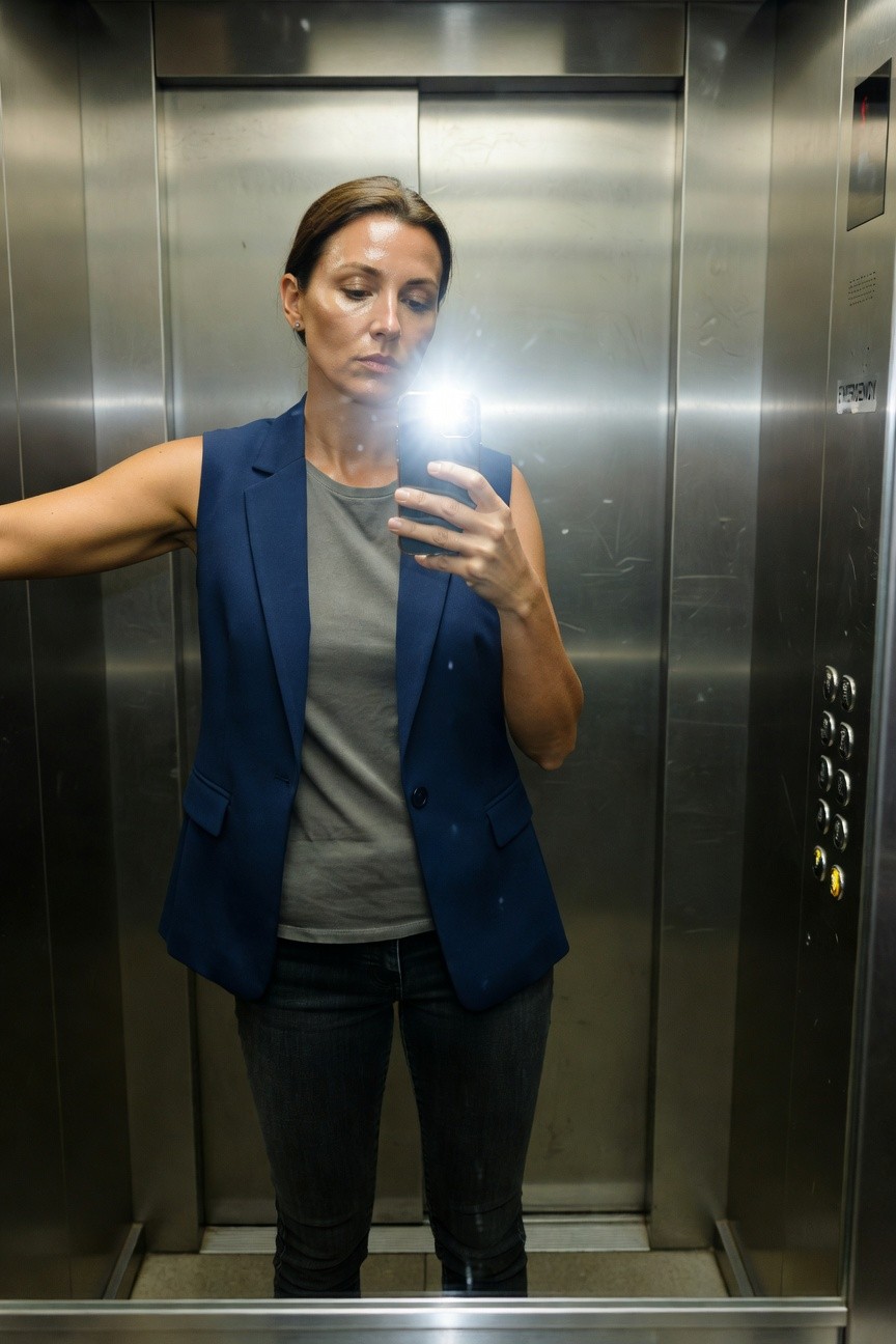 Woman taking a mirror selfie in an elevator wearing a navy sleeveless blazer vest over a gray tank top, dark slim jeans, and black ankle boots, with phone flash illuminating her face