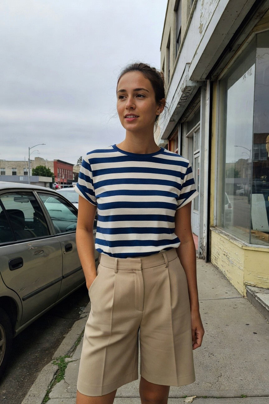 Woman in navy and white horizontal striped short-sleeve t-shirt tucked into high-waisted beige pleated tailored shorts, standing on city sidewalk with hands in pockets